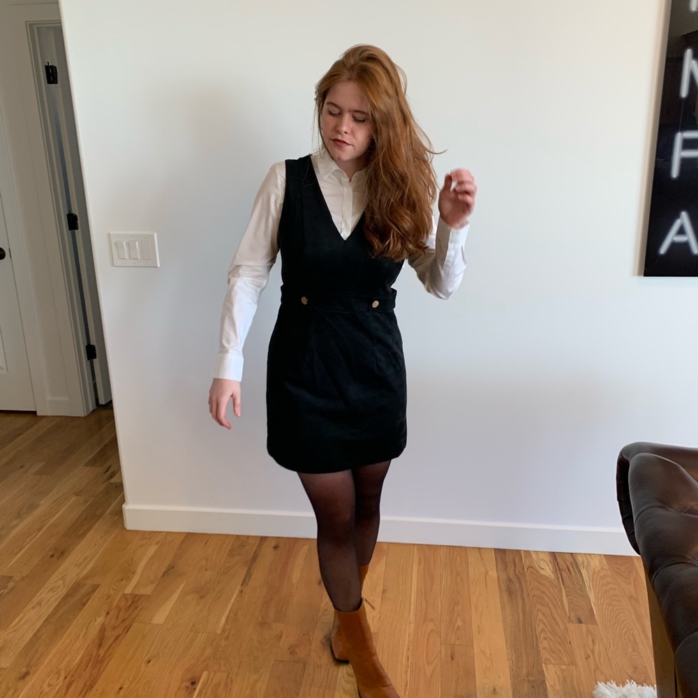 Black faux suede mini dress with gold buttons